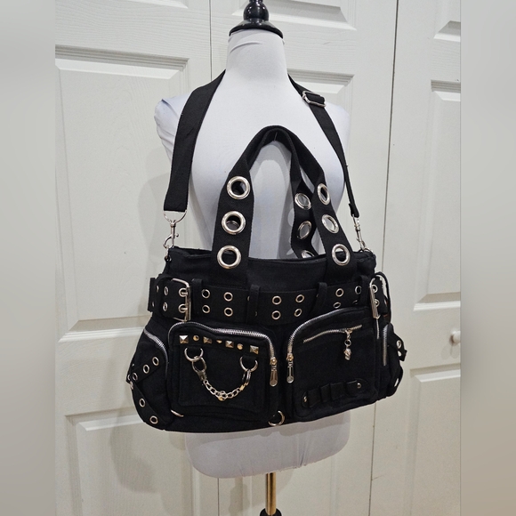Y2K Style Punk Goth Voodoo Vixen Grommet O-Ring Black Silver Buckle Purse Bag - Picture 11 of 12